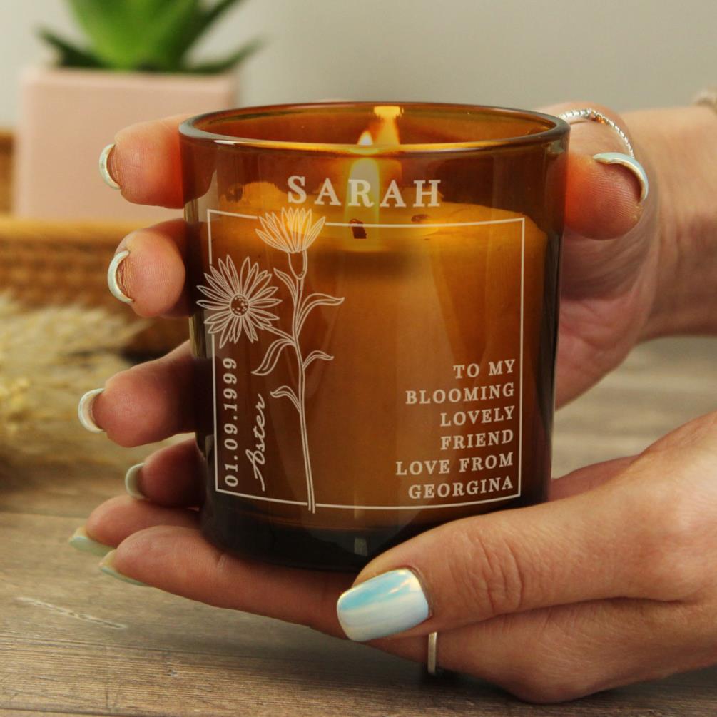 Personalised September Aster Birth Flower Amber Glass Jar Candle Extra Image 3